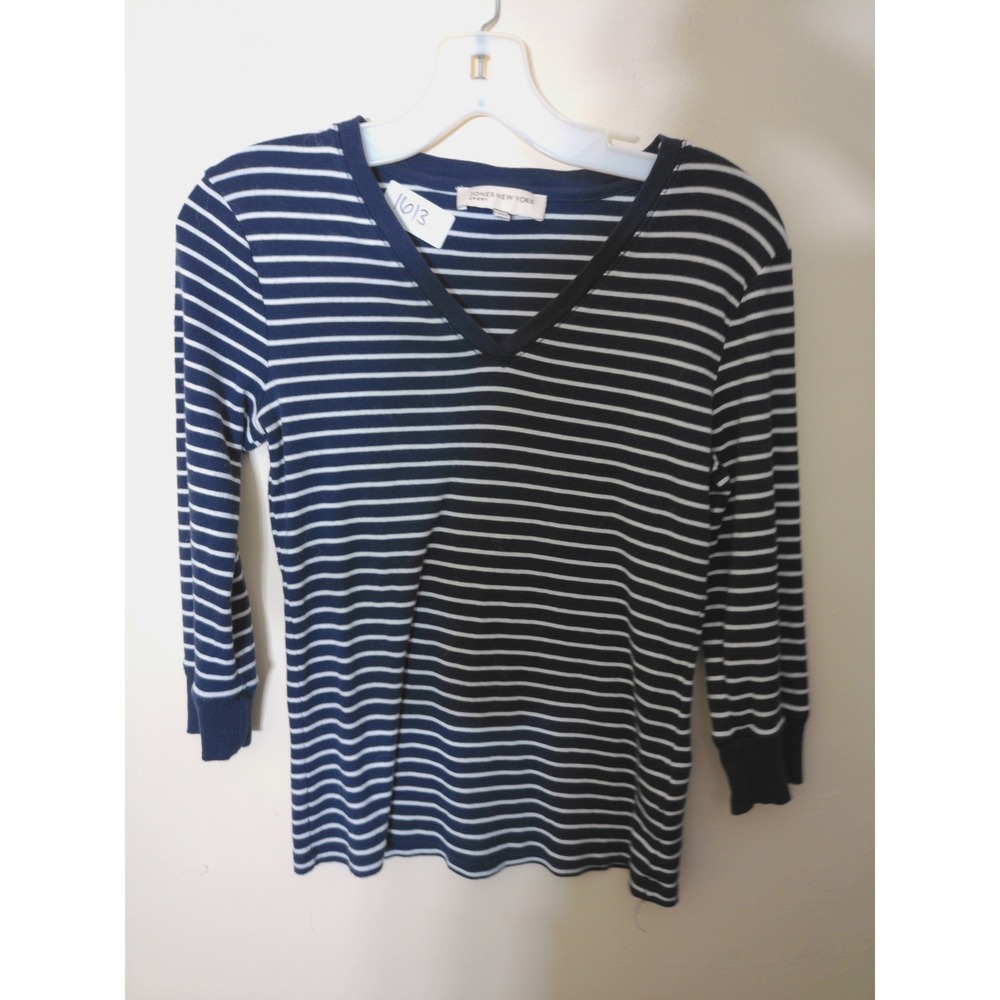 Jones New York Sport V-Neck Top Women S Navy Blue White Striped Nautical Casual